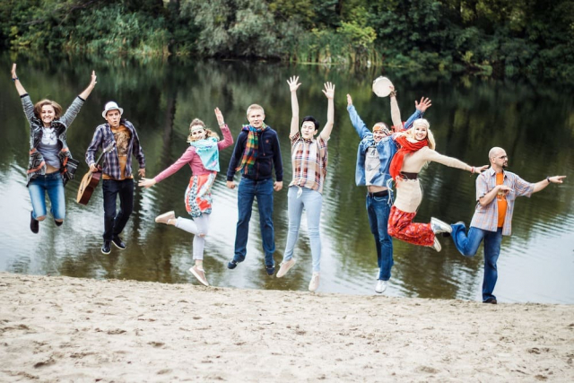 Jumping hippie people