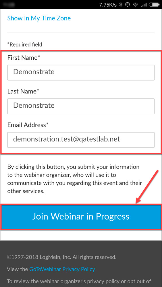 Кнопка Join Webinar in Progress